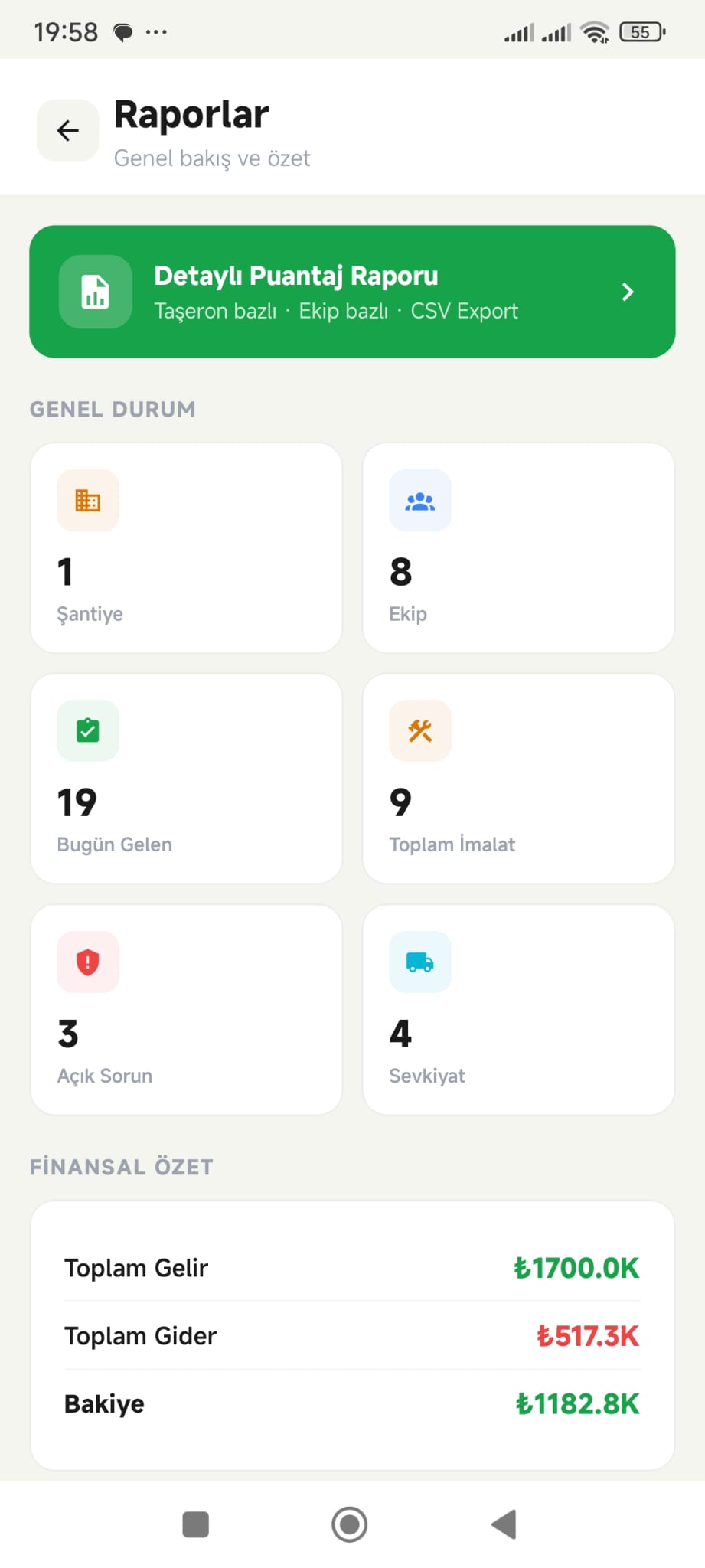 Raporlar Ekran Görüntüsü